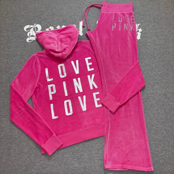 Vintage VS PINK Velvet Velour Rhinestone Bling Vintage Outfit Set Size Large - Picture 1 of 14